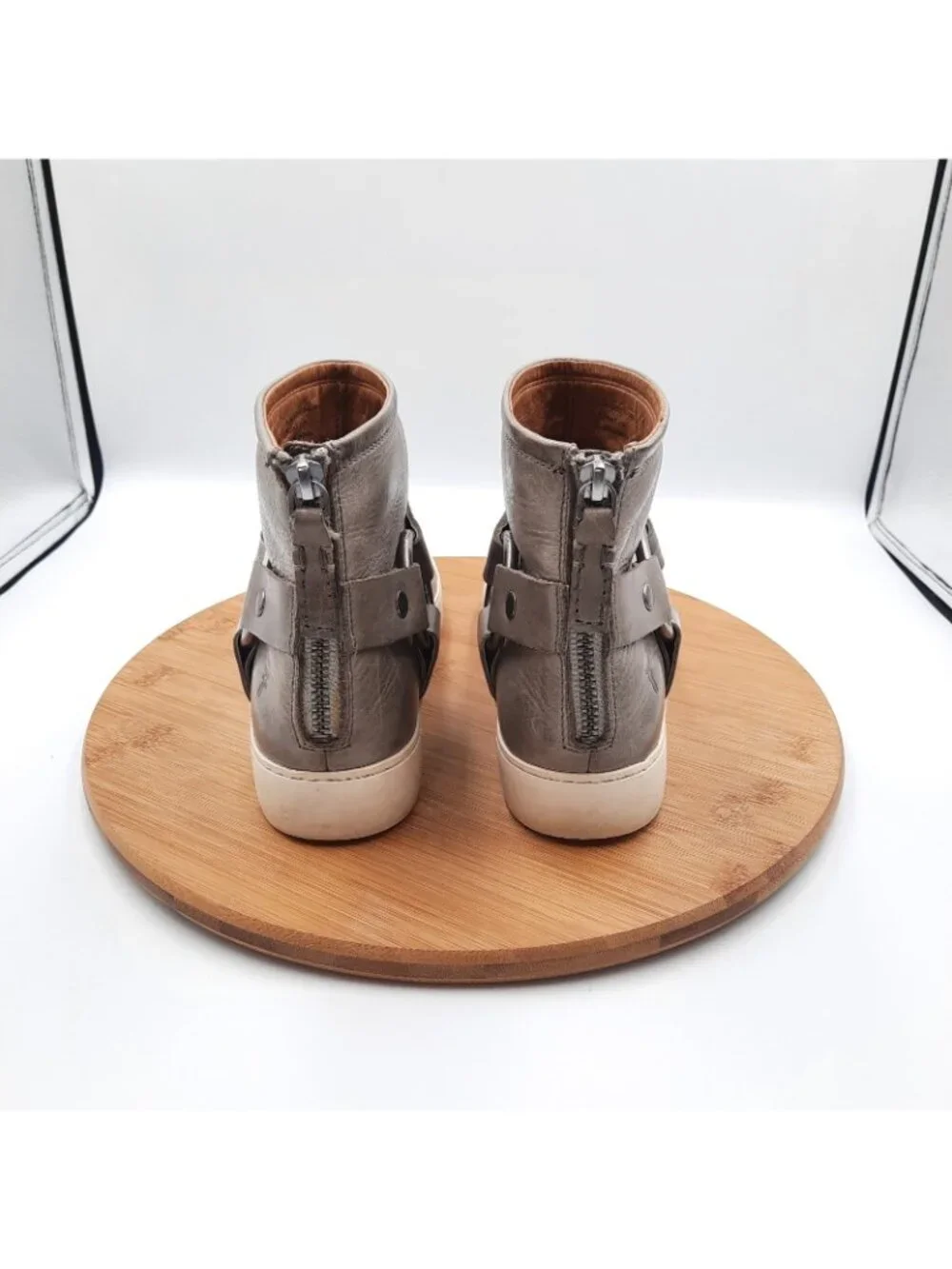 Frye Lena Harness Womens Size 6.5 Boots Gray Leather Back Zip Ankle Booties